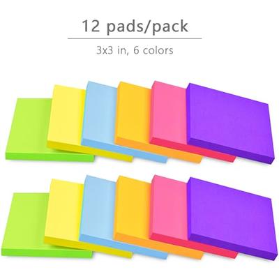 Sticky Notes 3x5, 6 Color Bright Colorful Sticky Pad, 6 Pads/Pack
