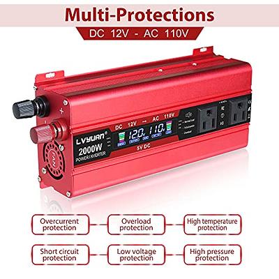 LVYUAN Pure Sine Wave Inverter 3000 Watt Inverter 12V to 110V DC to AC with  Remote Controller, LCD Display 4 AC Sockets and 4 USB Ports for Car Truck