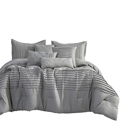 HIG 7 Pieces Modern Pintuck Comforter Set with Pleated Stripes King, Gray  Classic Down Alternative Bedding Set for Bedroom, All Season Bed in A Bag 