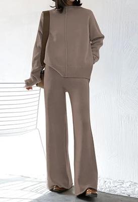  Fixmatti Women's 2 Piece Outfits Sweatsuit Knit Long Sleeve  Sweater Wide Leg Pants Loungewear Brown S : Clothing, Shoes & Jewelry