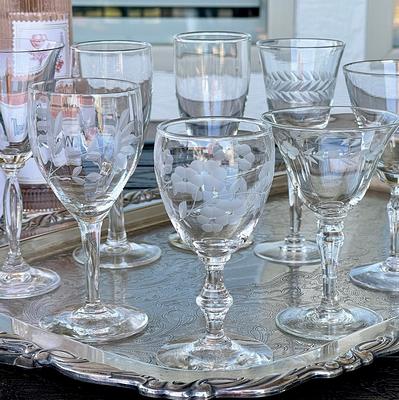 4 Vintage Etched Cocktail ~ Martini Glasses, Set of 4 Mis-Matched