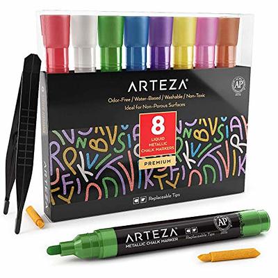 ARTEZA Liquid Chalk Markers Set of 8, Metallic Colors for Chalkboard,  Blackboard, Glass, Mirror, Window, Restaurant Menu, and Classroom, Includes  8 Replaceable Chisel Tips, Tweezers, Labels, Stencils - Yahoo Shopping