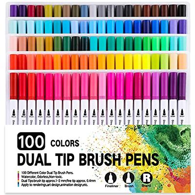 RIANCY Coloring Markers 100 Dual Tip Brush Marker Pens Fine Point