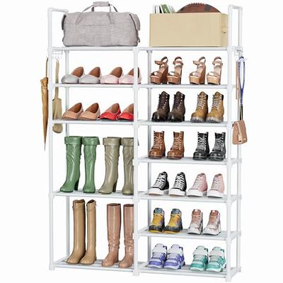 Hsscblet 5 Tiers Metal Shoe Rack,Adjustable Shoe Shelf Storage Organizer  with Versatile Hooks,Stackable Boot & Shoe Storage,for