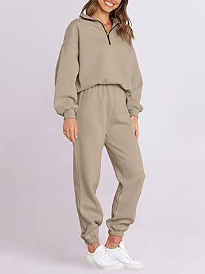 Women's 2 Piece Fleece Sweatsuit Outfits Long Sleeve Crewneck Pullover  Sweatshirt Drawstring Jogger Pants Lounge Sets A#khaki Medium