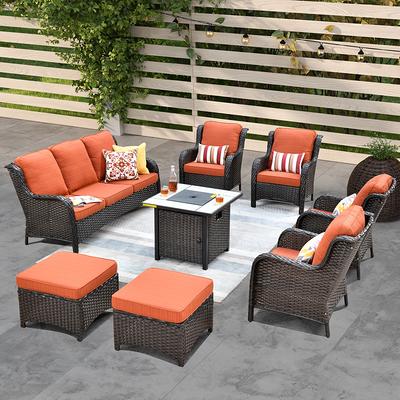 SINOFURN Rattan Outdoor Sectional with Red Cushion(S) and Rattan