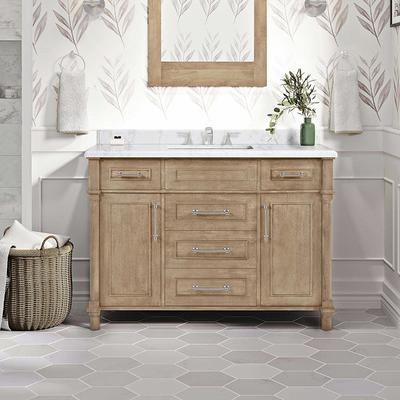 Home Decorators Collection Merryfield 43 in. W x 22 in. D x 35 in. H Freestanding Bath Vanity in Dark Blue-Gray with Carrara White Marble Top