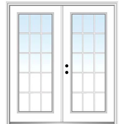 MMI DOOR 68-in x 80-in Low-e Grilles Between The Glass Primed Fiberglass  Center-hinged Right-Hand Inswing Double Patio Door Brickmould Included in  the Patio Doors department at