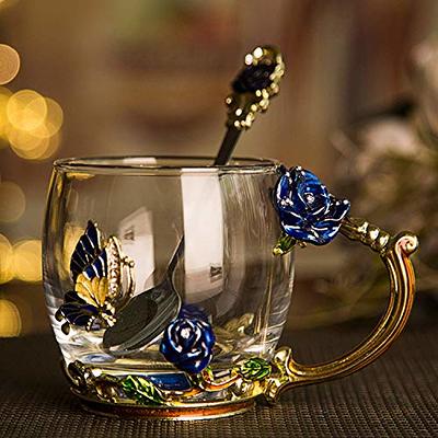 Rose Enamel Crystal Tea Cup With Spoon - Elegant Clear Glass