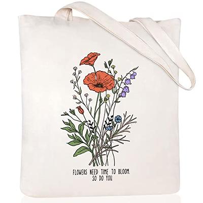 2Pcs Canvas Tote Bag for Women Aesthetic Tote Bag Reusable Flower Tote Bag  with Handles for Shopping School Supplies