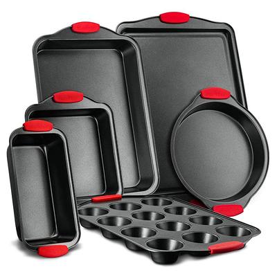 Joytable Nonstick Bakeware Set - 15 PC Baking Tray Set with Silicone Handles & Utensils - Oven Safe & Carbon Steel Cookie Sheets, Baking Pans, Cake