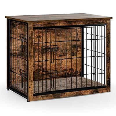 Wood+ Metal Furniture Style Pet Dog Crate with Storage Console End Table  Brown