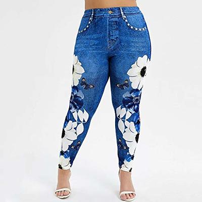 Clearance Women's Denim Print Fake Jeans Look Like Leggings Seamles  Stretchy High Waist Slim Skinny Jeggings with Pockets Full Length 