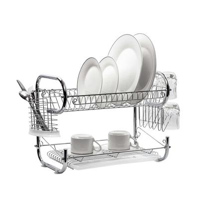 JASIWAY 16.8 in. Silver Stainless Steel 2-Tier Dish Rack Drying Rack with Drainboard, Utensil and Cup Holder