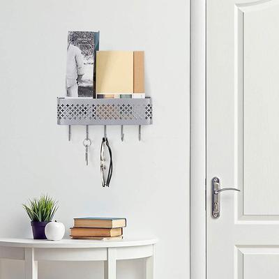 Mail Sorter Key Organizer Wall Mount, Metal Entryway Storage Organizer Basket with 5-Hooks for Coat, Keys (Set of 2)