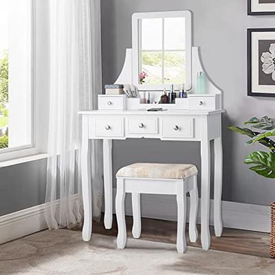 Makeup Vanity Table with Sliding Lighted Mirror, Vanity Desk Makeup  Dressing Table with 5 Drawers and Cushioned Stool for Women and Girls,White  