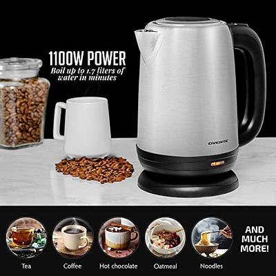OVENTE Electric Tea Kettle Stainless Steel 1.7 Liter Portable Instant Hot  Water Boiler Heater 1100W Power Fast Boiling with Cordless Body and