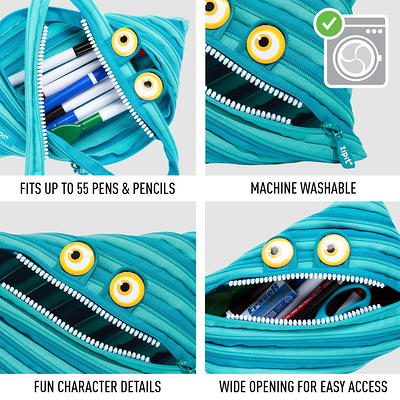 ZIPIT Monster 3-Ring Binder Pencil Pouch, Large Capacity Pen Case for Kids  and Teens, Made of One Long Zipper! (Blue) 