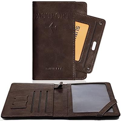 Leather Passport Wallet for Men, Slim Bifold Card with RFID Blocker