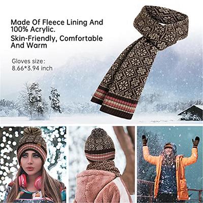 Women Winter Hat Scarf 2 in 1 Fleece Lined Knitted Warm Hats Scarfs Set  with Pompom