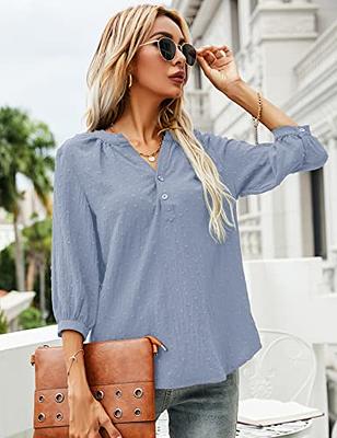 LOMON Women's Casual 3/4 Sleeve Henley V-Neck Button Up Pleated