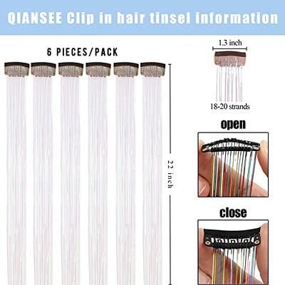 Clip in Hair Tinsel 22 inch 6pcs Fairy Hair Tinsel Heat Resistant Tinsel Hair Extensions, Human Hair Extensions Glitter Hair Accessories for Women