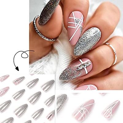 French Tip Press On Nail Silver Almond Chrome Fake Nail With Planet Charms  Gray Star Design False Nail Glossy Rhinestones French Coffin Nails for