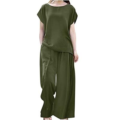 YanHoo Linen 2 Pieces Outfits Long Sleeve Button Down Shirts with Baggy  Wide Leg Pants Sets Loungewear Plus Size Womens Clothes 