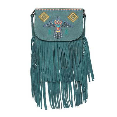 Western Leather Crossbody Bag With Leather Fringe Aztec 