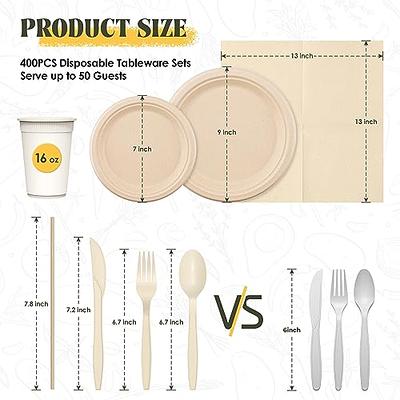 Heavy Duty Paper Plates Set for Dinner, Sugarcane Disposable Eco,9 Inch and  7 Inch Party Plates,Forks,Knives and Spoons Set for 50 People [250 PCS]