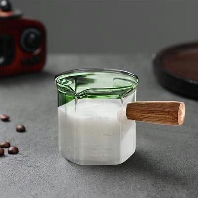 Ochine 2.5-Ounce Espresso Measuring Glass with Wooden Handle Double Spouts Espresso Shot Glass Measuring Cup Pitcher Barista Measuring Cups for Coffee