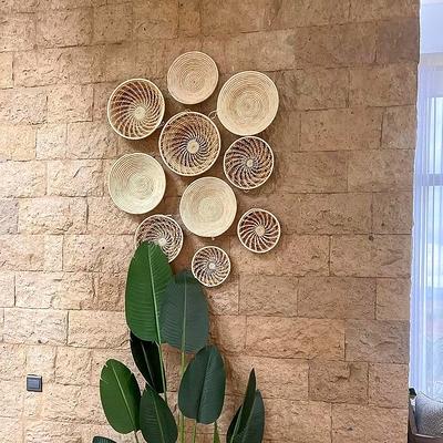Wall Hanging Basket Boho Hand Woven Rattan Hanging Decor Round Flat Wicker Baskets for Home Living Room Housewarming Gift, Size: 7.87