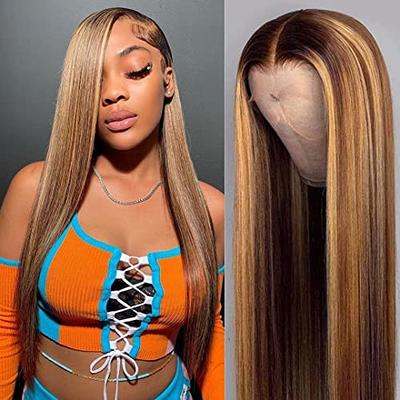 Brown with Highlights Lace Front Wigs Human Hair 13x4 HD Lace Front Wigs  Straight 4/27