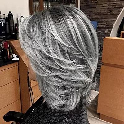 Jolelyne Silver Gray Ombre Layered Wigs with Curtain Bangs for Women  Synthetic Short Light Grey Wig