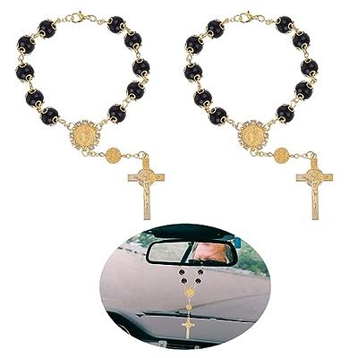 TIESOME 2 Pieces Car Rosary for Rearview Mirror, Rearview Mirror Auto  Rosary Beads Car Medal and Cross Hanging Accessories for Mirror Interior  Decors