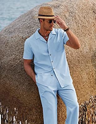 COOFANDY Men's 2 Piece Outfit Casual Short Sleeve Button Down Shirt Beach  Summer Loose Pant Sets