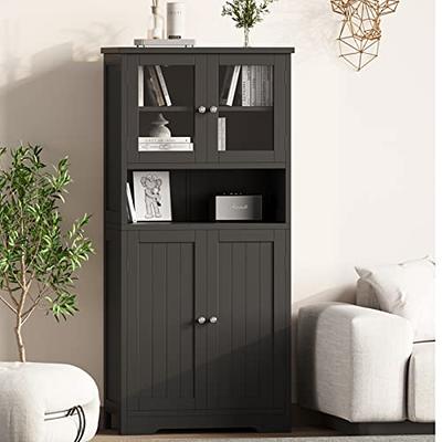 Tangkula Freestanding Bathroom Floor Storage Cabinet Wooden Storage Organizer Cupboard Shelf Grey