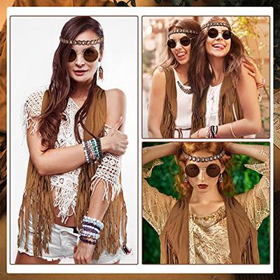 7 Pcs 60s 70s Outfits for Women Hippie Costume Set Boho Flared Pants Fringe  Vest Peace Sign Accessories Set