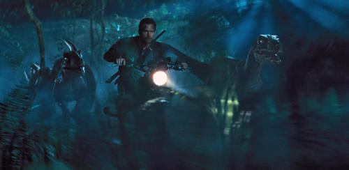 This photo provided by Universal Pictures shows, Chris Pratt as Owen leading the raptors on a mission in a scene from the film, "Jurassic World," directed by Colin Trevorrow, in the next installment of Steven Spielberg's groundbreaking "Jurassic Park" series. The Universal Pictures 3D movie releases in theaters on June 12, 2015. (ILM/Universal Pictures/Amblin Entertainment via AP)