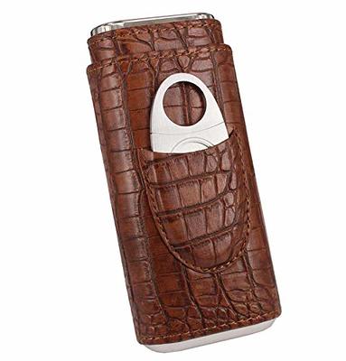 Oyydecor Cigar Case Cigar 3- Finger Carrying Case Set Cedar Wood Lined  Leather, Cigar Humidor with Silver Stainless Steel Cutter (Brown)