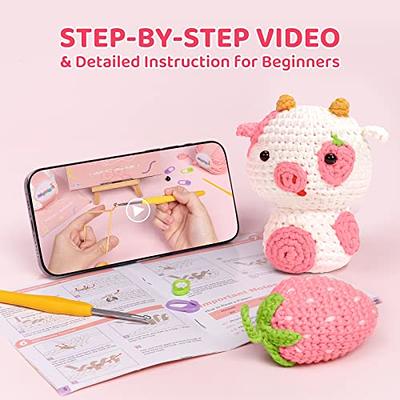 Mewaii Crochet Kit for Beginners, Complete DIY Kit with Pre-Started Yarn,  Step-by-Step Videos (Strawberry Cow) 