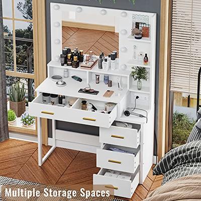 Tiptiper Makeup Vanity Table with Mirror, Storage Cabinet, Dressing Desk 5  Drawers and Shelves, White 