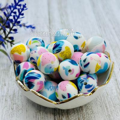 Silicone Beads Printed 15mm 10 Pcs White Blue Pink Yellow Beaded Pen  Wristlet Lanyard - Yahoo Shopping