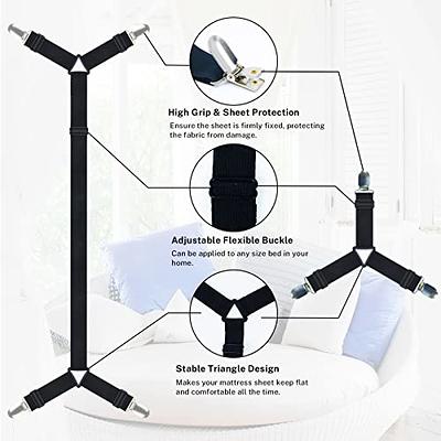 Bed Sheet Straps,4+1 Pcs Fitted Sheet Clips Holder,Upgraded Triangular Sheet Clip for Corner, Elastic Adjustable Sheet Strap for Mattress Cover, Sheet