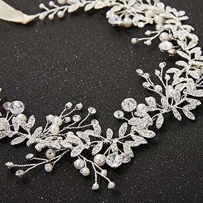 SWEETV Crystal Bridal Headpieces for Brides Silver Wedding Hair Accessories Bride Headband Pearl Hair Vine Rhinestone Hair Pieces for Women