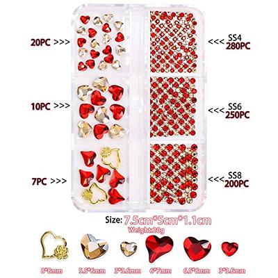 767 PCS Red Heart Nail Charm Love Nail Art Rhinestones Red Gold Round Beads  Flatback Drill Sparkly Gold Heart Stud for Nail Art Craft Clothes Shoes