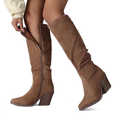 Putu Women's Pointed Toe Knee High Boots Faux Suede Stacked Chunky