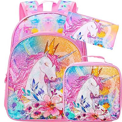 Robhomily Unicorn Sequins Girls Backpack with Lunch Box Set for Elementary  School,17 inch Sparkly Bling School Backpack for Girls with Lunch Bags Set