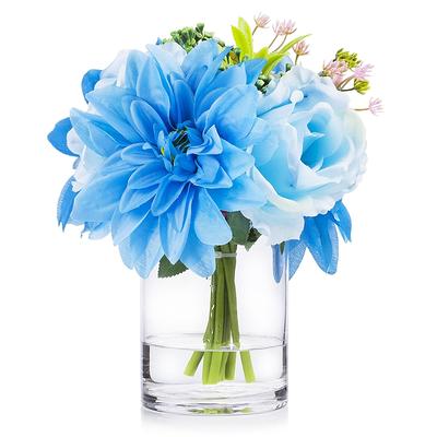 Fake Flowers with Vase, Blue Dahlia Artificial Flowers in Vase Silk Flowers  for Home Decor Indoor, Faux Flowers for Vase Floral Centerpieces for