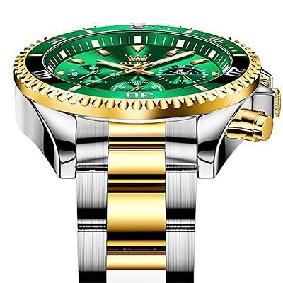 OLEVS Mens Watches Chronograph Luxury Dress Moon Phase Quartz Stainless  Steel Waterproof Luminous Business Calendar Wrist Watch Green Dial 